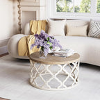 karlott Farmhouse Coffee Table, French Country Round Coffee Table, Coastal Coffee Tables with Distressed Top, Boho Center Table with Curved Motif Frame Base for Living Room, Dining Room, Bedroom