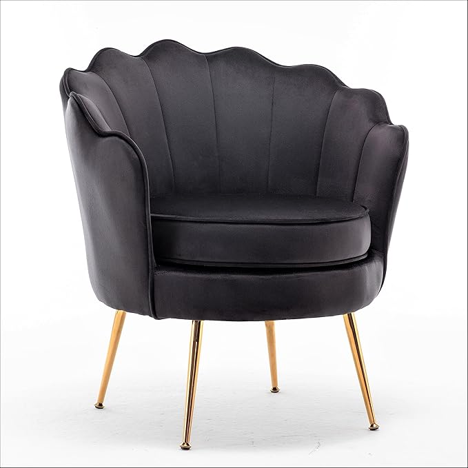 Velvet Barrel Accent Chair with Scalloped Silhouette and Gold Metal Legs, Decorative Piece Suitable for Traditional, Modern, and Contemporary Spaces, Black