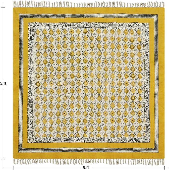Area Rug 6' Square Rug Yellow & Beige Cotton Dhurrie Oriental Thick 0.19 inches Stone Easy Washable Rug Hand Wash Cotton Carpet Flatweave Rug Indoor Outdoor Rugs for Hall Room, Dining Room