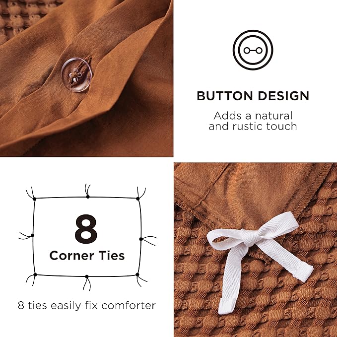 Bedsure Cooling Waffle Duvet Cover King - Cotton Blend Rayon Derived from Bamboo Duvet Cover Set for Hot Sleepers, Breathable Bedding Set with a Vintage Charm, 3 Pieces (Burnt Orange, King, 104"x90")