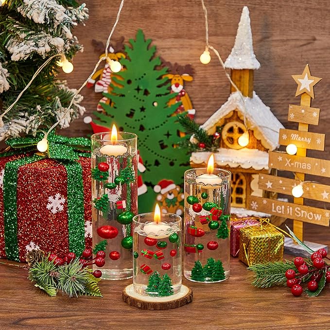 124 Pcs Christmas Vase Filler Pearls for Vase Filler Christmas Table Decor Floating Candles Centerpiece with 8 Floating Candles for Table Party Festival Decor, Not Included Clear Beads(Tree, Box)