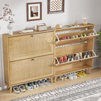 Shoe Storage Cabinet for Entryway with 2 Flip Drawers, Narrow Wood Shoe Cabinet with Fluted Panel, Freestanding Hidden Shoe Organizer for Foyer, Hallway (Wood Color - No Shelf)
