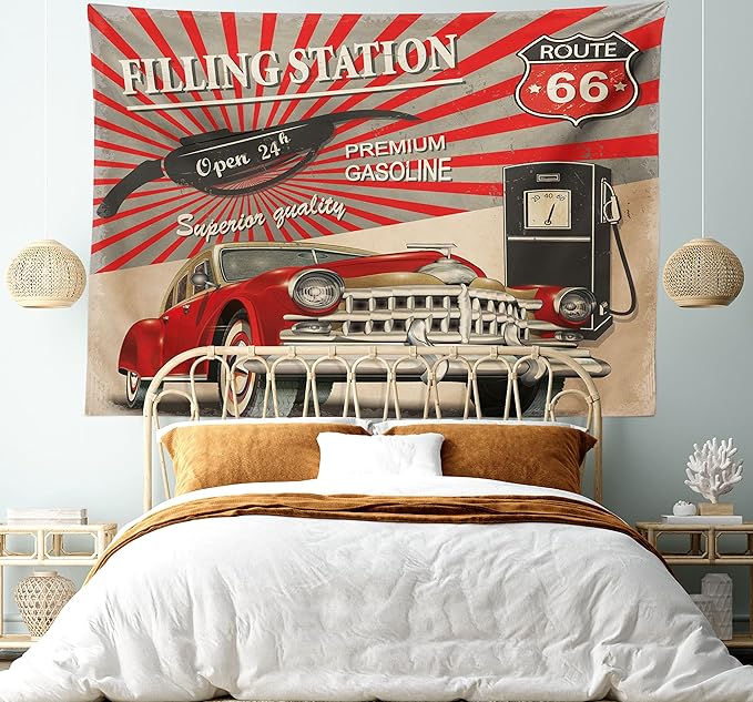 Ambesonne Cars Tapestry, Poster Style Image Gasoline Station Commercial Element Route 66 IllustrationPrint, Fabric Wall Hanging Decor for Bedroom Living Room Dorm, 45" X 30", Vermilion Beige