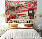 Ambesonne Cars Tapestry, Poster Style Image Gasoline Station Commercial Element Route 66 IllustrationPrint, Wide Wall Hanging for Bedroom Living Room Dorm, 60" X 40", Vermilion Beige