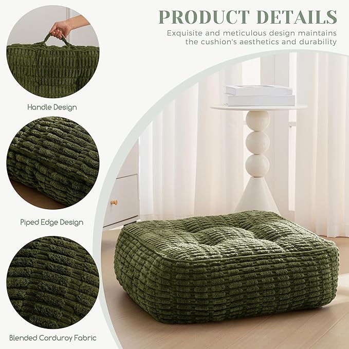 8" Washable Floor Pillow Cushion for Adults, Meditation Cushion Pillow, Removable Tufted Blended Corduroy Cover, Large Square Floor Sitting for Tatami Living Room or Yoga, 2Pack, Machine Washable