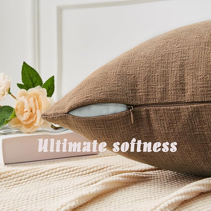 GAWAMAY Decorative Chenille Throw Pillow Covers 26x26 Inch Pack of 2, Soft Square Couch Pillow Cover for Sofa Cushion Living Room Bedroom Solid Dyed Oversized Pillowcases Brown 66x66cm (ONLY Covers)