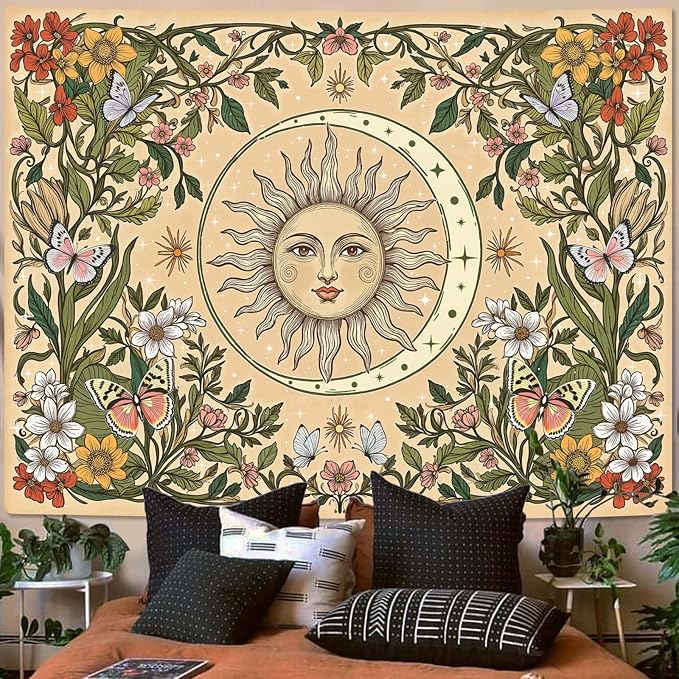 Accnicc Boho Sun and Moon Tapestry Vintage Floral Wall Tapestry for Bedroom Aesthetic Beige Celestial Plant Flower Butterfly Large Tapestries Wall Hanging for Living Room Dorm 80 x 60 Inch