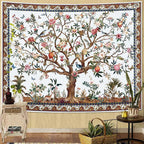Faxdong Boho Tree of LIfe Tapestry, Vintage Flower Leaves Birds Plant Animal Pattern Tapestries, Retro Indian Bohemian Aesthetic Wall Hanging White 44×60 inch