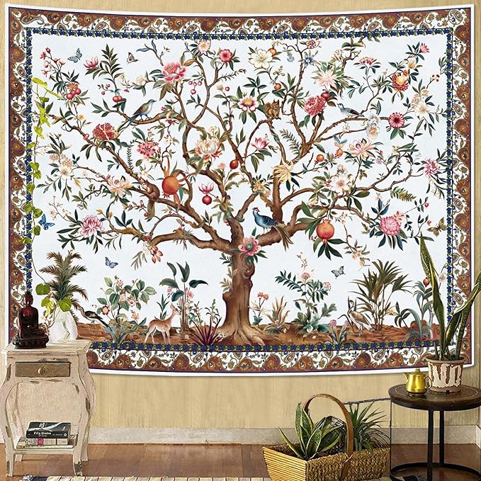 Faxdong Boho Tree of LIfe Tapestry, Vintage Flower Leaves Birds Plant Animal Pattern Tapestries, Retro Indian Bohemian Aesthetic Wall Hanging White 44×60 inch