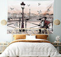 Ambesonne Music Tapestry King Size, Accordionist Playing Paris Street Urban European Famous City Panorama Graphic Scene, Wall Hanging Bedspread Bed Cover Wall Decor, 104" X 88", Peach Brown