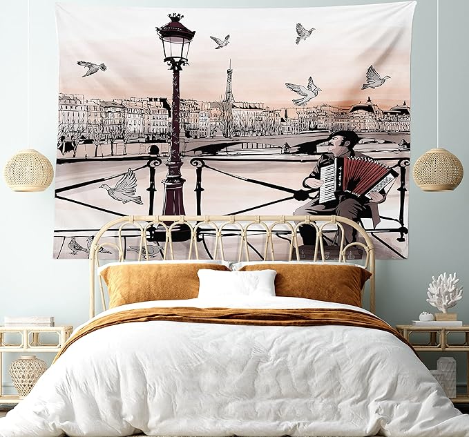 Ambesonne Music Tapestry King Size, Accordionist Playing Paris Street Urban European Famous City Panorama Graphic Scene, Wall Hanging Bedspread Bed Cover Wall Decor, 104" X 88", Peach Brown