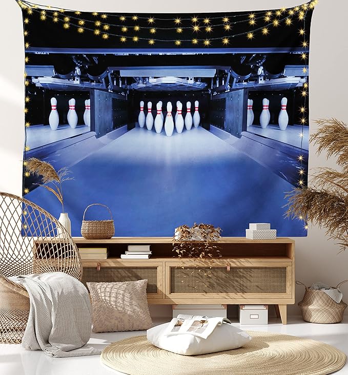 Ambesonne Bowling Party Tapestry Twin Size, Symmetrical Bowling Pins on an Empty Alley Hobby Fun Challenge Theme, Wall Hanging Bedspread Bed Cover Wall Decor, 68" X 88", Blue White Red