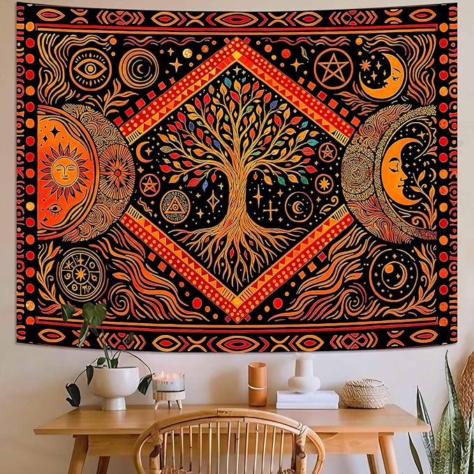 Lunerfex Tree of Life Sun Moon Stars Wall Tapestry, Cosmic Harmony Symbol Tapestries for Home Decor, Mystical Tapestry 80x60 Inch