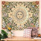 Accnicc Boho Sun and Moon Tapestry Vintage Floral Wall Tapestry for Bedroom Aesthetic Beige Celestial Plant Flower Butterfly Large Tapestries Wall Hanging for Living Room Dorm 80 x 60 Inch