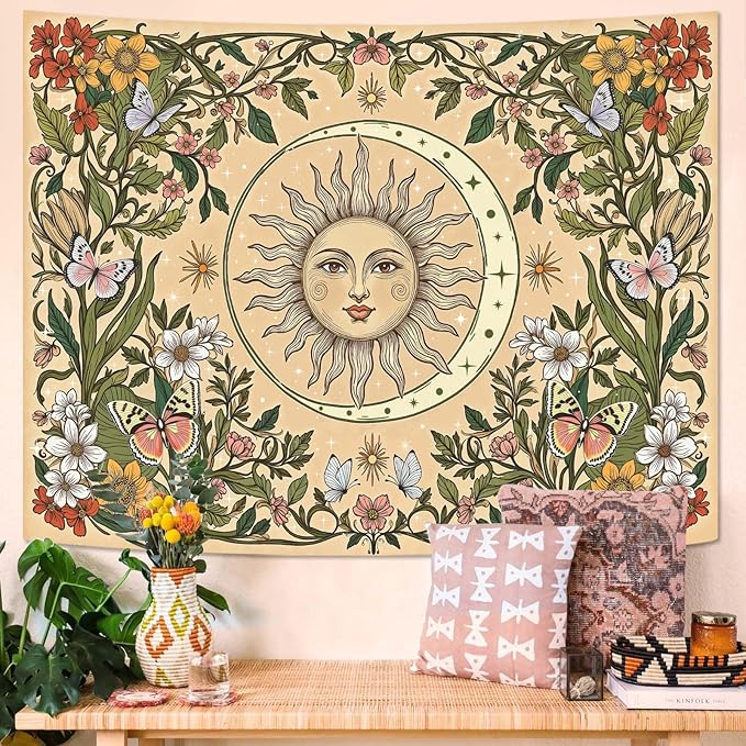 Accnicc Boho Sun and Moon Tapestry Vintage Floral Wall Tapestry for Bedroom Aesthetic Beige Celestial Plant Flower Butterfly Large Tapestries Wall Hanging for Living Room Dorm 80 x 60 Inch