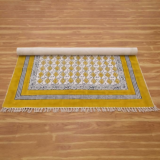 Area Rugs for 4x6 Bedroom Kilim Rug Floral Design Hand Block Printed Cotton Dhurrie Yellow Beige Handmade Boho Flatweave Thick 0.27" Indoor Outdoor Rugs for Living Room Hall Room Idea