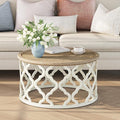 karlott Farmhouse Coffee Table, French Country Round Coffee Table with Distressed Tray Top, Coastal Coffee Tables with Curved Motif Frame Base, Boho Center Table for Living Room, Dining Room, Bedroom