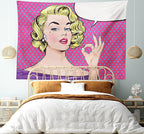 Ambesonne Vintage Tapestry King Size, Pop Art Blonde Woman Making OK Sign on Dotted Background Retro Comic Book Design, Wall Hanging Bedspread Bed Cover Wall Decor, 104" X 88", Pink Blue