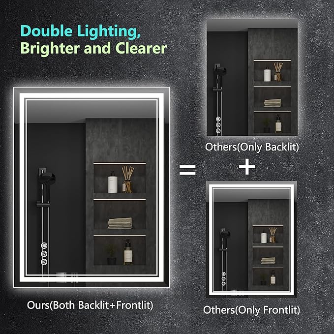 28x36 Inch Led Mirror for Bathroom with Front Light and Backlit, Bathroom Mirror with Led Lights, Vanity Mirror with Lights for Wall, Anti-Fog, Dimmable, Memory Function, Tempered Glass