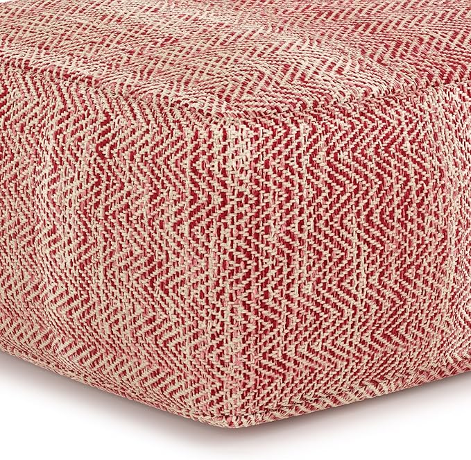 SIMPLIHOME Nate Square Pouf - 20 inch Wide Upholstered Handwoven Cotton Ottoman in Patterned Maroon Melange, Boho Footstool or Extra Seating for Living Room with Artisanal Texture, Assembled
