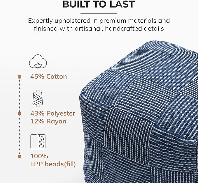 Anji Mountain 100% Handmade & Handcrafted Comfortable Home Décor Pouf Ottoman Footrest for Living Room, Bedroom, Nursery, Kidsroom, Patio Furniture - (20" x 20" x 20" - Sailor Blue)