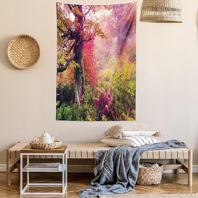 Ambesonne Forest Tapestry Queen Size, Majestic Landscape Autumn Trees in Woodland Natural Garden in Ukraine, Wall Hanging Bedspread Bed Cover Wall Decor, 88" X 88", Red Green Brown