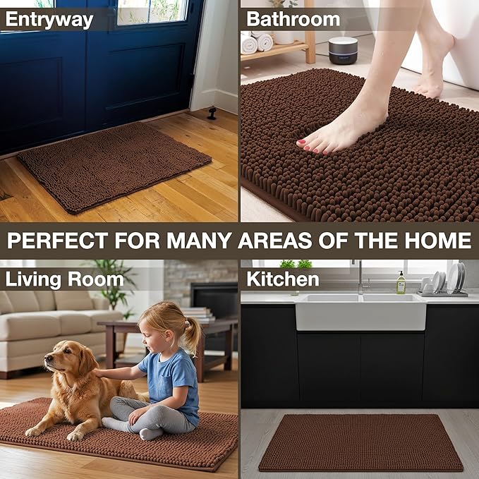 Neater Home Plush Bathroom Rugs 30x20 Thick Chenille Quick Dry Microfiber Absorbent Bath Mat, Soft Bath Rugs, Machine Washable Bathroom Floor Mat for Tub Shower Sink, Home Decor Accessories, Brown