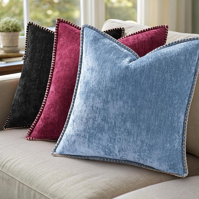 decorUhome Spring Chenille Soft Cozy Throw Pillow Covers 24x24 Set of 2, Modern Farmhouse Boho Velvet Decorative Euro Sham Pillow Cases with Stitched Edge for Couch Sofa Bed Home Decor, Rhododendron