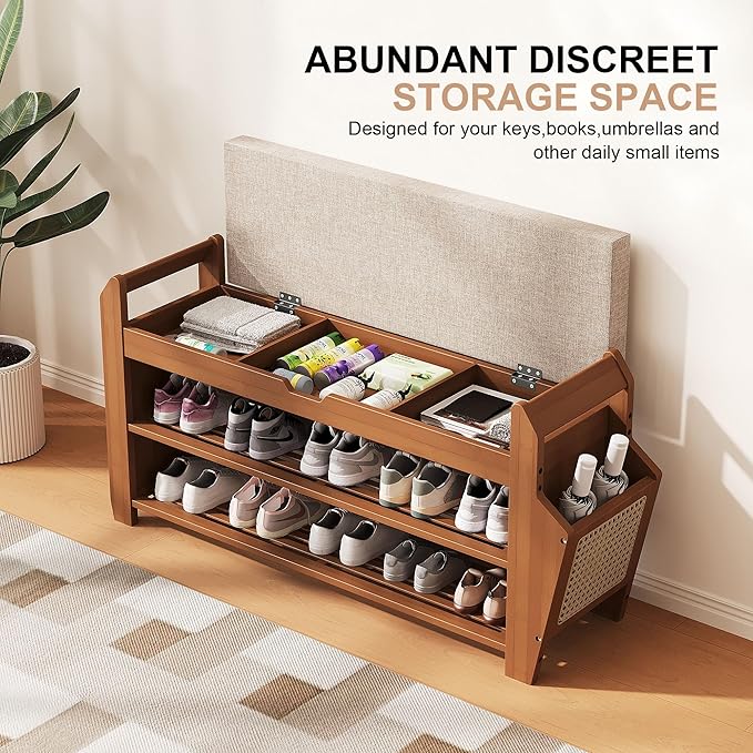 31.5" Bamboo Shoe Rack Bench with Storage, 3-Tier Entryway Bench with Thick Cushion, Flip-Top & Side Baskets, Holds Up to 550 LBS for Hallway, Living Room, Bedroom