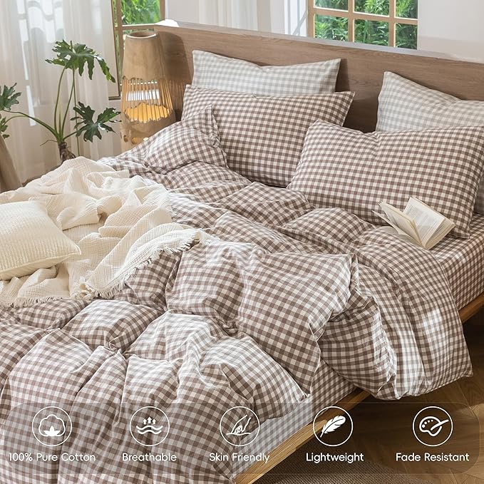 MooMee Gingham Duvet Cover Set 100% Washed Cotton Linen Like Textured Breathable Durable Soft Comfy Modern Checkered Design (Brown Gingham, Queen 90"x90")