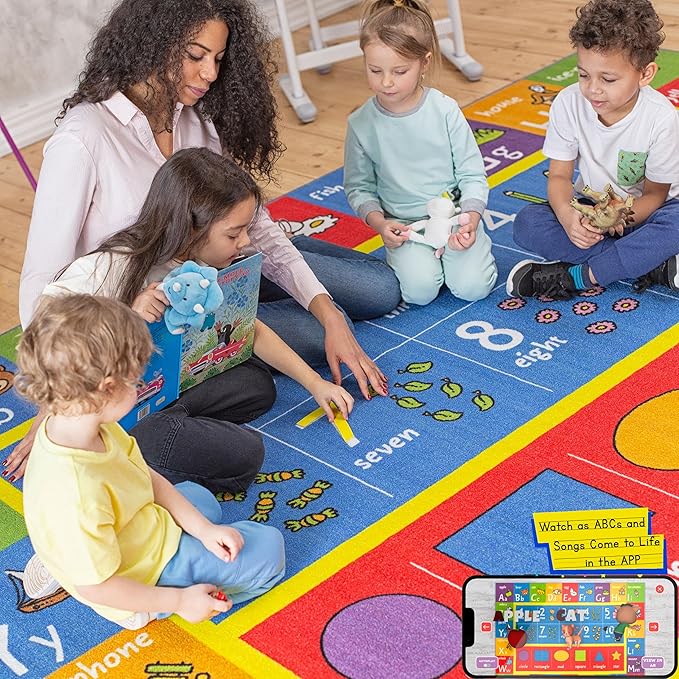 KC Cubs 5x7 ABC Alphabet, Numbers & Shapes Rug – Educational Non-Slip Play Mat Carpet for Kids, Toddlers, Nursery, Classroom, Playroom, Baby Daycare