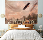 Ambesonne Eagle Tapestry King Size, Nature Photography of Rocky Mountains and Forest a Bird Flying over It, Wall Hanging Bedspread Bed Cover Wall Decor, 104" X 88", Rose Green