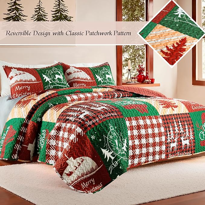 Whale Flotilla Patchwork Quilt King Size, Soft Boho Christmas Bedspreads for Bed Reversible Lightweight King Quilt Bedding Set Coverlets with 2 Pillow Shams for All Seasons, Happy Christmas