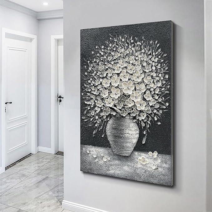 Epicler art Hand-painted abstract white flower art oil painting, 40x28 inch canvas wall art painting office home wall decorative art
