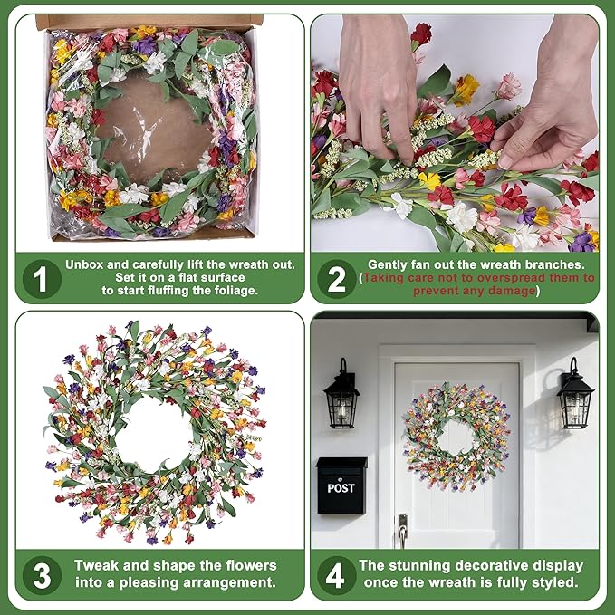 Wreaths for Front Door, 24 Inch Spring/Summer Front Door Wreath, Colorful Paper Flower Wreath for All Seasons for Indoor Home Wall Window Office Wedding Farmhouse Decor (Mixed)