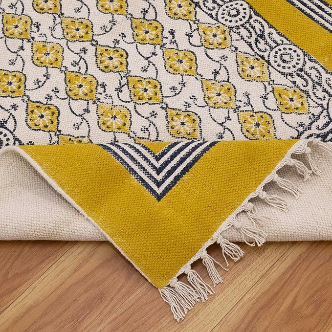 2x6 Hand Block Printed Cotton Runner Rug Yellow Beige Floral Design Thick 0.19" Boho Flatweave Handmade Carpet for Kitchen Entryway Bedside Yoga Room Indoor Outdoor Use