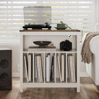 ChooChoo Large Record Player Stand with Charging Station & LED Light, Vinyl Record Holder hold up to 300 Albums, Farmhouse End Table for Bedroom, Living Room, Soft White