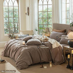 MooMee Wavy Striped Duvet Cover Set 100% Washed Cotton Linen Like Textured Breathable Durable Soft Comfy (Brown, Super King 108"x98")