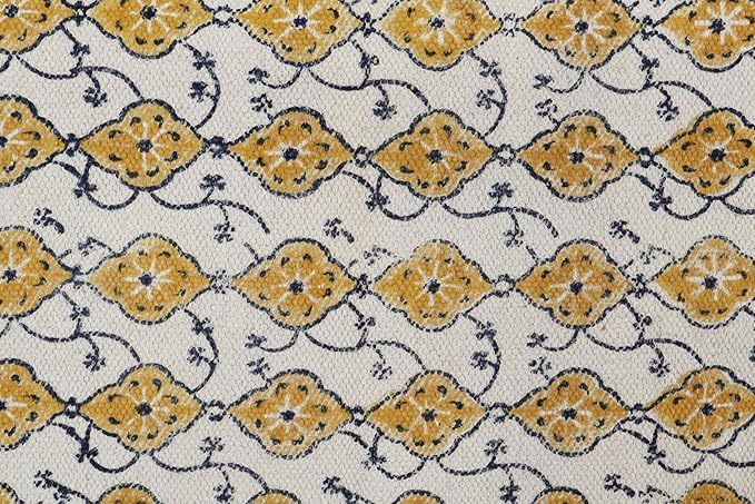 Area Rug 4' Square Rug Yellow & Beige Cotton Dhurrie Oriental Thick 0.19 inches Stone Easy Washable Rug Hand Wash Cotton Carpet Flatweave Rug Indoor Outdoor Rugs for Kitchen, Bedside, Enterway