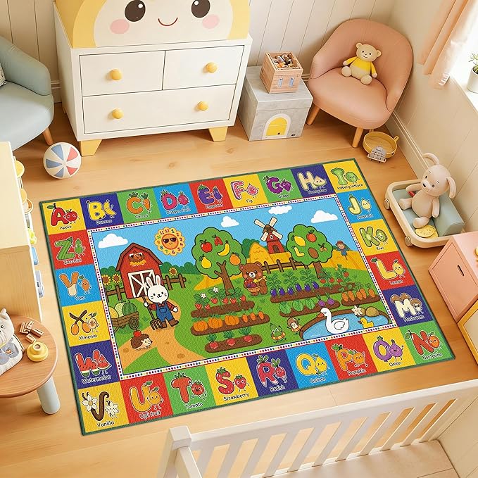 Upgrade Ultra Non Slip Kids ABC Rug for Kids Playroom, 2x3 Washable Alphabet Educational Learning Play Mat for Toddlers Baby Boys Girls, Colorful Farm Carpet for Nursery, Classroom & Bedroom, 24"x40"