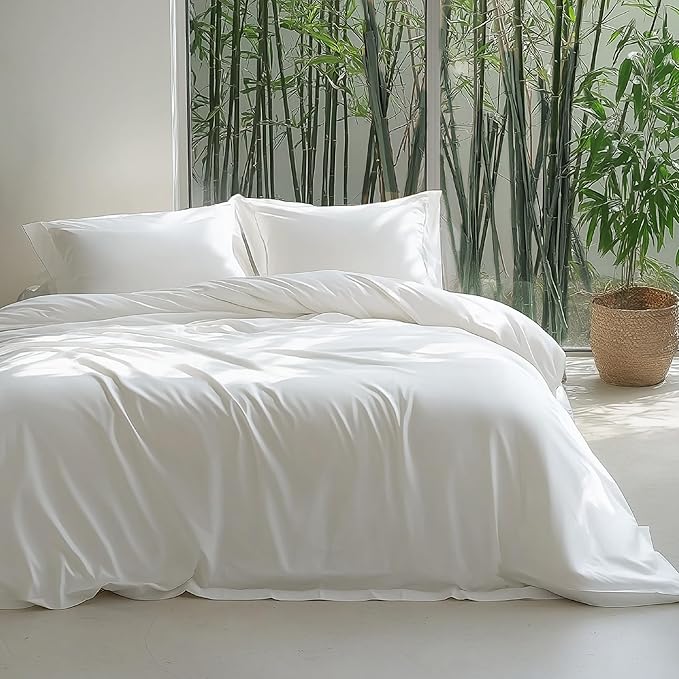 Bedsure 100% Rayon Derived from Bamboo Duvet Cover Queen Size - Lightweight Silky Cooling Comforter Cover Set for Hot Sleepers, Breathable & Moisture-Wicking Bedding Set, Pure White