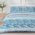 Exclusivo Mezcla Reversible Boho Quilts Queen Size, Blue Bedspreads Lightweight Coverlet All Season Bohemian Quilt Bedding Set with Printed Striped Floral Pattern (1 Quilt, 2 Pillow Shams)