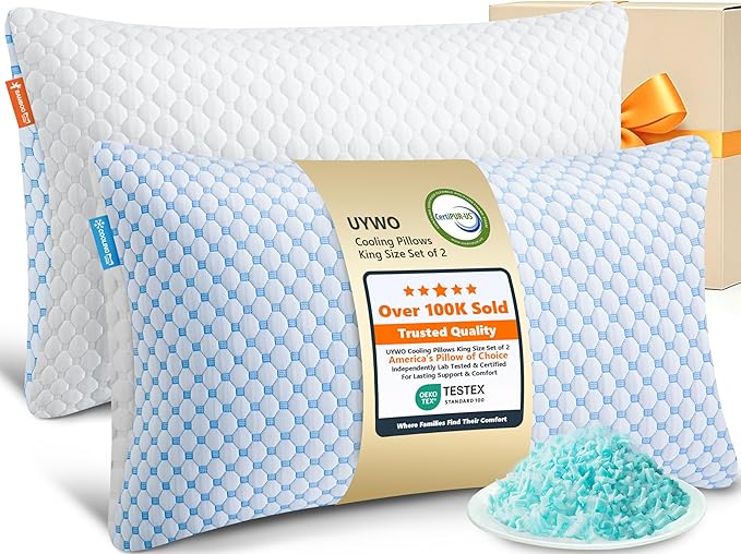 Cooling Firm Bed Pillows Set of 2, Shredded Memory Foam Pillows for Sleeping Luxury Gel Pillows for Side Back Stomach Sleepers with Removable Washable Cover(Blue, King(U.S. Standard))