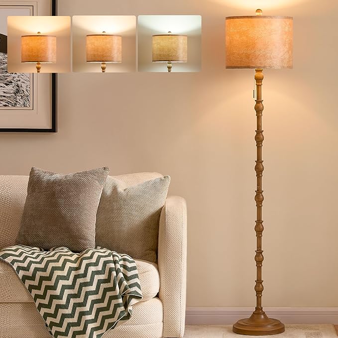 63.5'' Floor Lamps for Living Room, Farmhouse Floor Lamp for Bedroom with 3 Color Temperatures, Vintage Standing Lamps for Living Room, Living Room Light, Chain Switch, Bulb Included, Brown