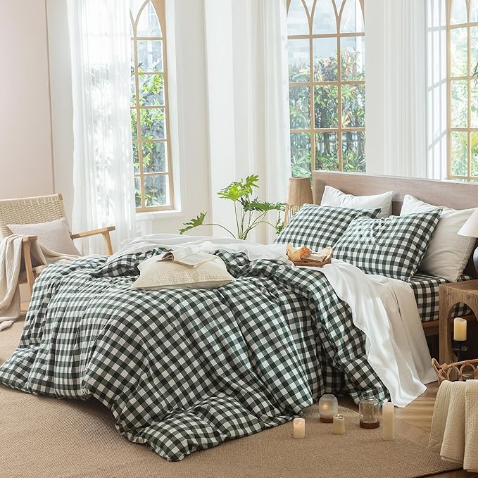 MooMee Gingham Duvet Cover Set 100% Washed Cotton Linen Like Textured Breathable Durable Soft Comfy Modern Checkered Design (Buffalo Plaid Forest Green, King 104"x90")
