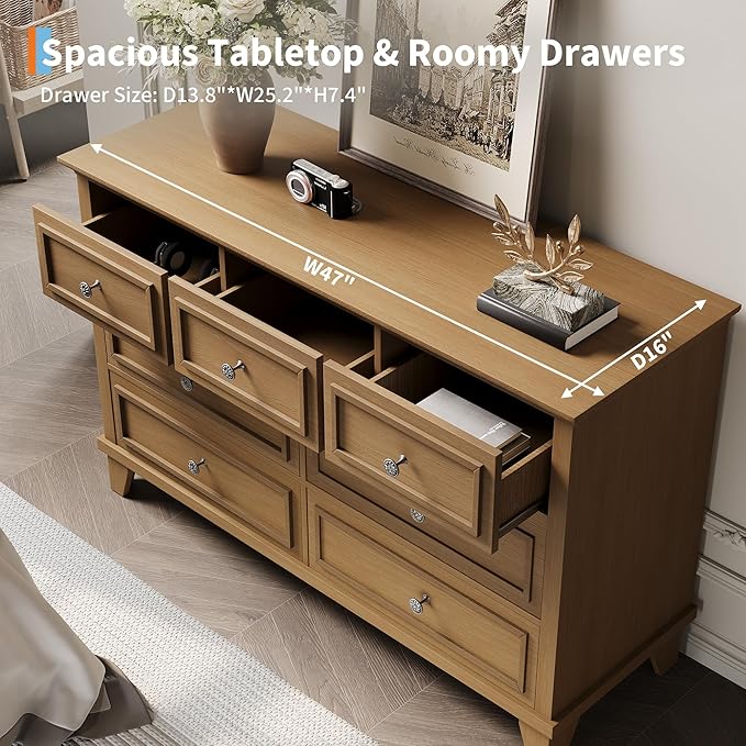 GarveeHome Brown Dresser for Bedroom, 7 Drawer Dresser, Wooden Chest of Drawers with Deep Drawers, 47 in Long Dressers TV Stand, Modern Dressers Organizer with Vintage Handle for Living Room, Hallway