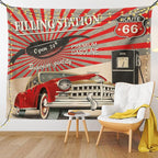 Ambesonne Cars Tapestry, Poster Style Image Gasoline Station Commercial Element Route 66 IllustrationPrint, Fabric Wall Hanging Decor for Bedroom Living Room Dorm, 45" X 30", Vermilion Beige