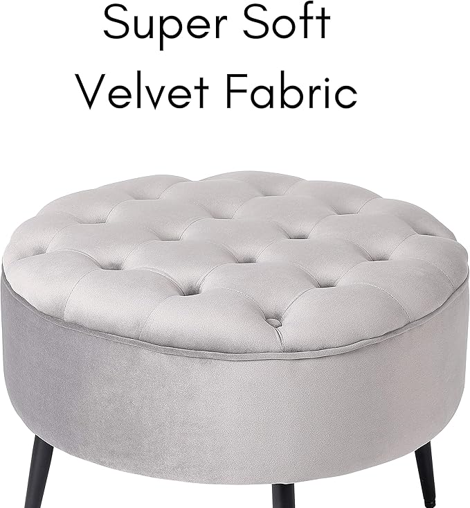BIRDROCK HOME Tufted Round Ottoman - Velvet Footrest with Cushion and Mid-Century Modern Steel Legs - Ideal for Living Room, Bedroom, or Office Seating - Soft, Compact Decorative Footstool - Grey