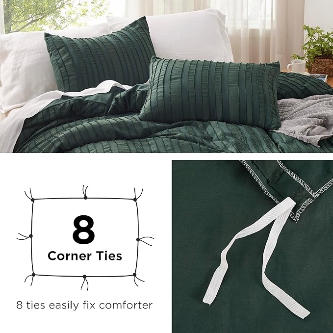 Bedsure Luxury Duvet Cover Queen Size - Striped Tufted Boho Bedding Set, Shabby Chic Home Bedding (90"x90") with 2 Pillowcases for All Season, Forest Green，Comforter Not Included