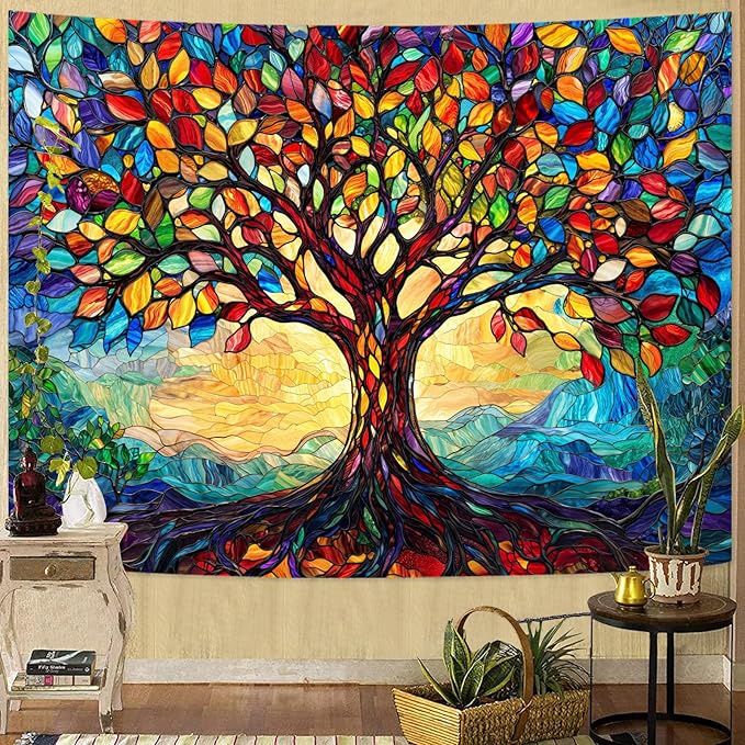 Lunerfex Tree of Life Tapestry Stained Glass Tapestry Wall Decor Tapestries for Bedroom Art Tapestries Wall Hanging for Bedroom Living Room Glass-Tree-01 44"x60"